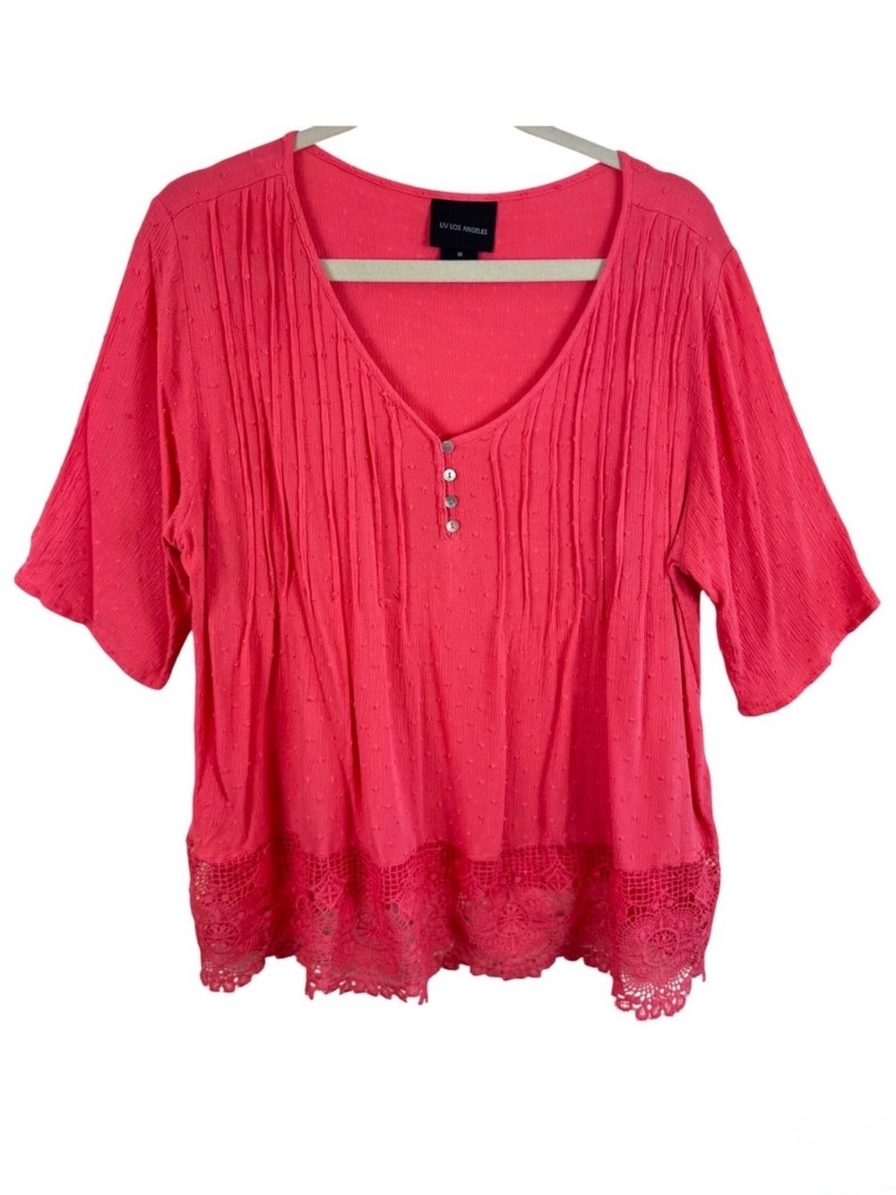 Liv‎ Los Angeles Coral Pink Swiss Dot Crochet Lace Hem Blouse SB1018X Womens 1X
